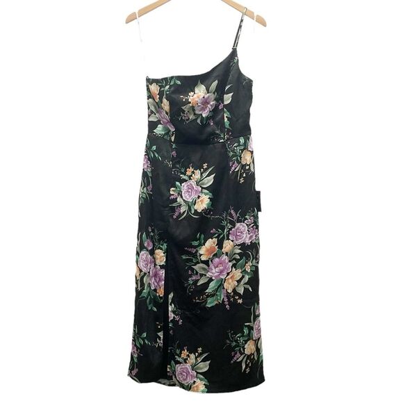NWT Lulus Keepin' It Chic Black Floral Satin One-Shoulder Midi Dress Size Medium - Picture 1 of 14
